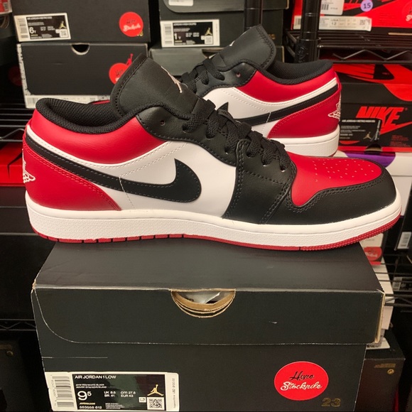 Nike Air Jordan 1 Low Bred Toe Black Red Retro Shoes 553558-612 Men's Sizes - Picture 4 of 6